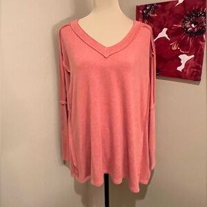 Easel Dark Apricot Oversized V-Neck Top with raw edge seaming, size Small